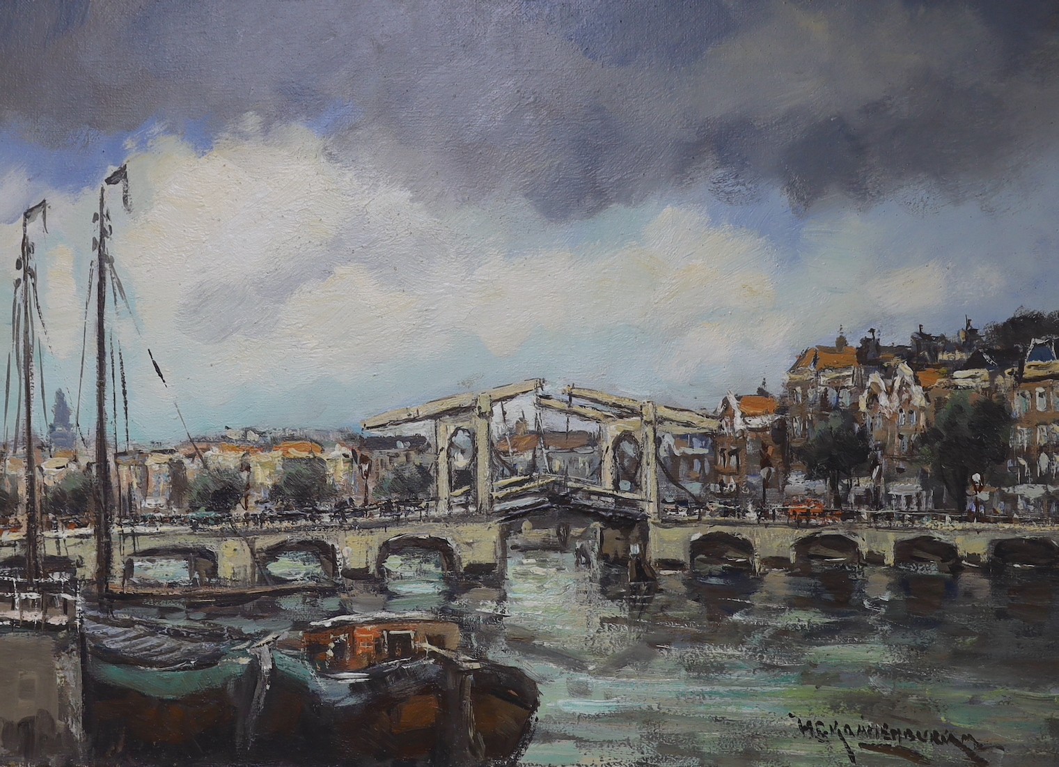 Dutch School, oil on canvas, Bridge in Amsterdam, indistinctly signed, 50 x 70 cm. unframed.